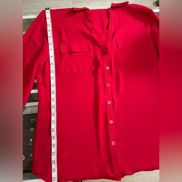 New York & Company Red Button Down Shirt Notched Collar - Picture 8 of 8